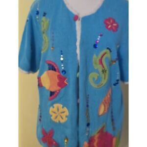 Vintage Mandal Bay Cardigan Sweater Women's Size Medium Sea Animal Blue Tropical
